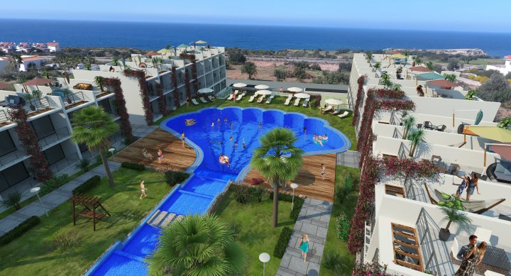 Studio apartments in a complex with waterfall in Esentepe, Cyprus