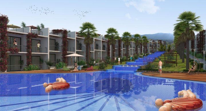 Studio apartments in a complex with waterfall in Esentepe, Cyprus